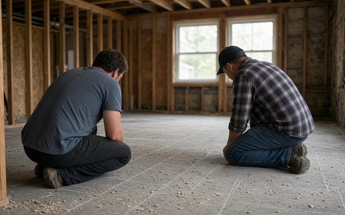 Two men kneeling on a bare subfloor in a stud-framed basement room with two daylight windows, looking over the layout