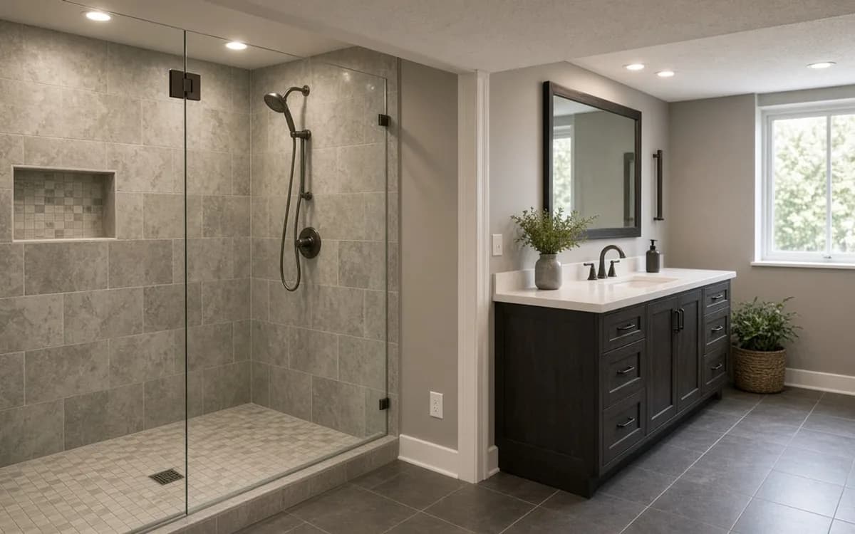 Basement bathroom with a glass-walled walk-in shower in grey tile, a dark wood vanity with white top and a dark tile floor