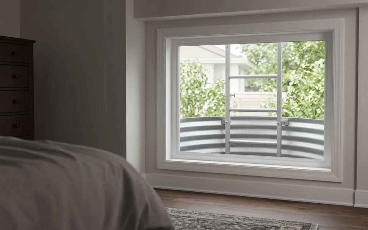 Bedroom egress window seen from beside the bed, with a corrugated metal window well and a ladder outside the glass
