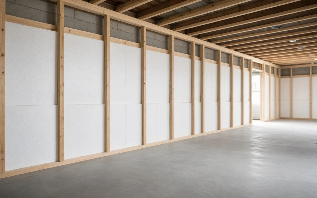 Long basement wall framed with pine studs over white rigid foam insulation board, open joists above and a bare concrete floor