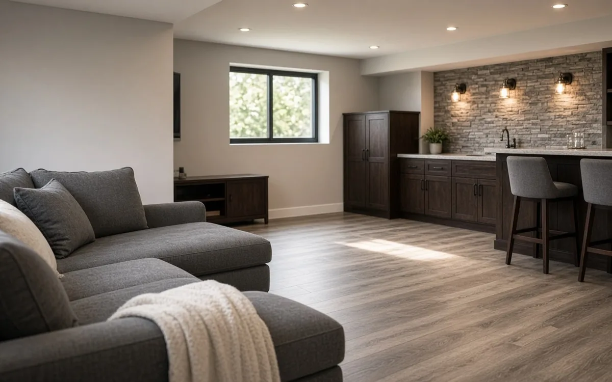 Finished basement with a grey sectional, wood-look vinyl plank floor, dark cabinets and a stacked-stone bar wall with stools