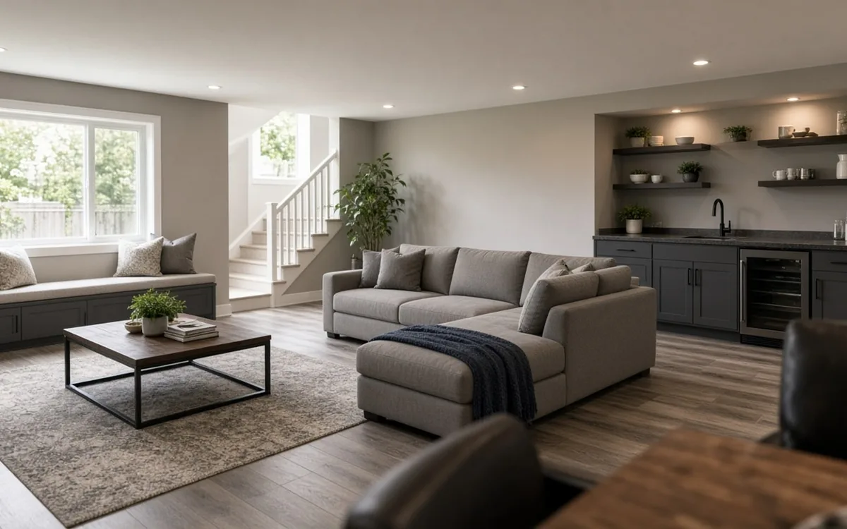 Bright finished basement with a grey sectional, window bench seat, white stair rail and a wet bar with open shelves and wine fridge