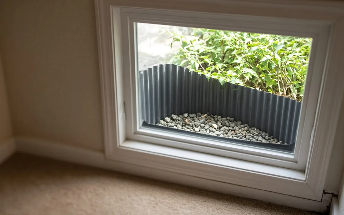 Carpeted basement room corner with a white-trimmed window looking into a grey corrugated window well lined with gravel