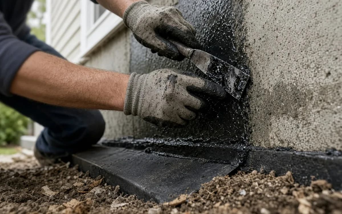 Gloved hands troweling black tar sealant onto an exterior foundation wall above a membrane strip at soil level