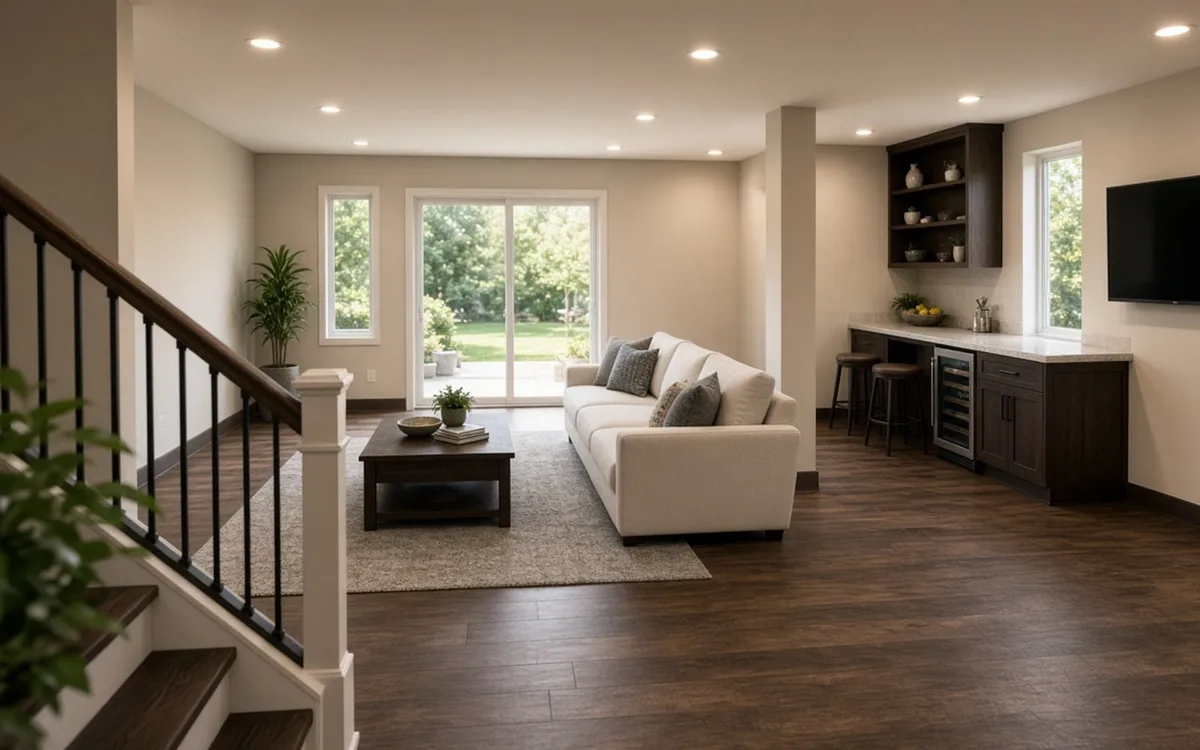 Open finished basement with dark plank floors, a cream sofa on a rug, glass patio doors and a kitchenette with wine fridge