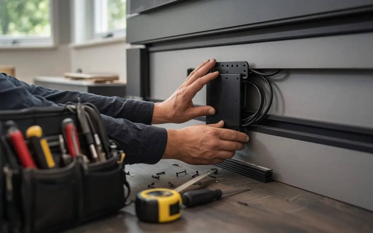 Technician mounting a black bracket and cable run on a grey slatted media wall, with a tool pouch and tape measure below